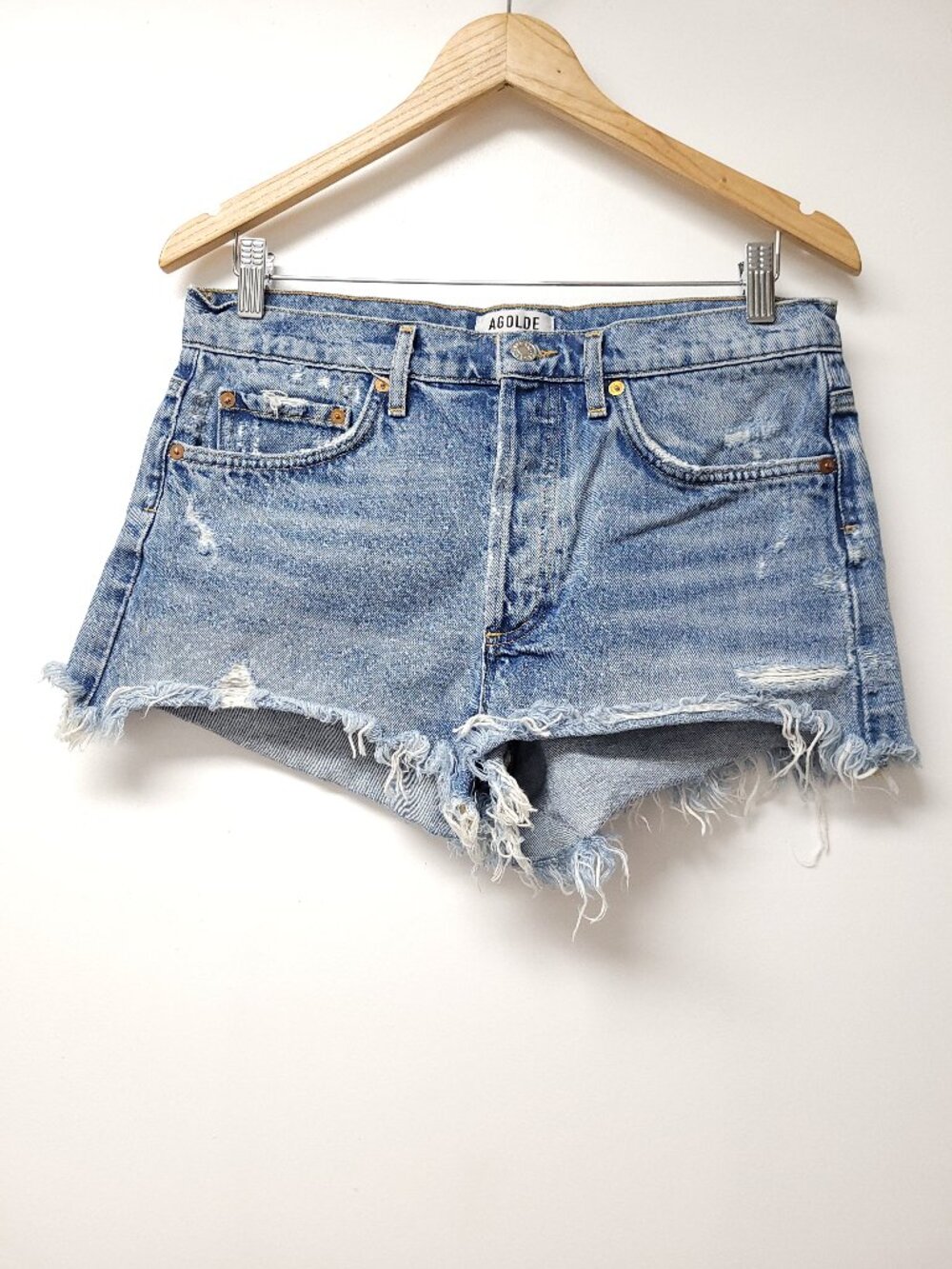 Agolde Los Angeles Premium Distressed Cut Off Hem Denim Shorts Size 27 Blue